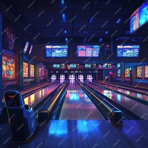 一個多條路徑的保齡球場的場景,每條路徑都裝有數碼得分系統 | Premium AI 生成圖片