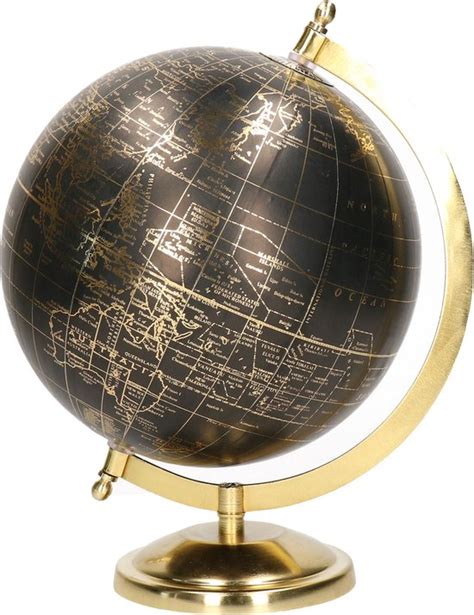 Decoratie Wereldbol Globe Goud Zwart Op Metalen Voet Standaard 22 X 27