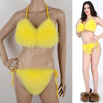 Fashion Women Real Fox Fur Bikini Summer Beach Underwear Fluffy Soft