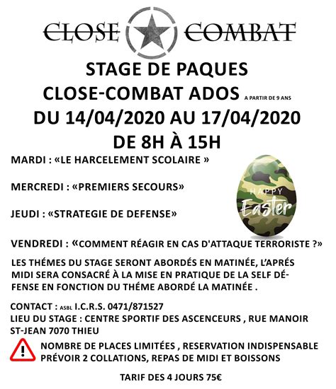 Stage De Close Combat Le 14 Avril 2020 Centre Sportif Des Ascenseurs