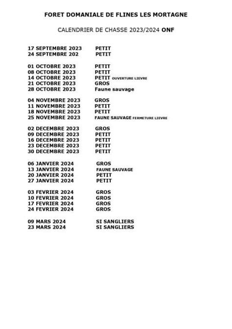 Calendrier De Chasse 20232024 Mairie De Flines Lez Mortagne