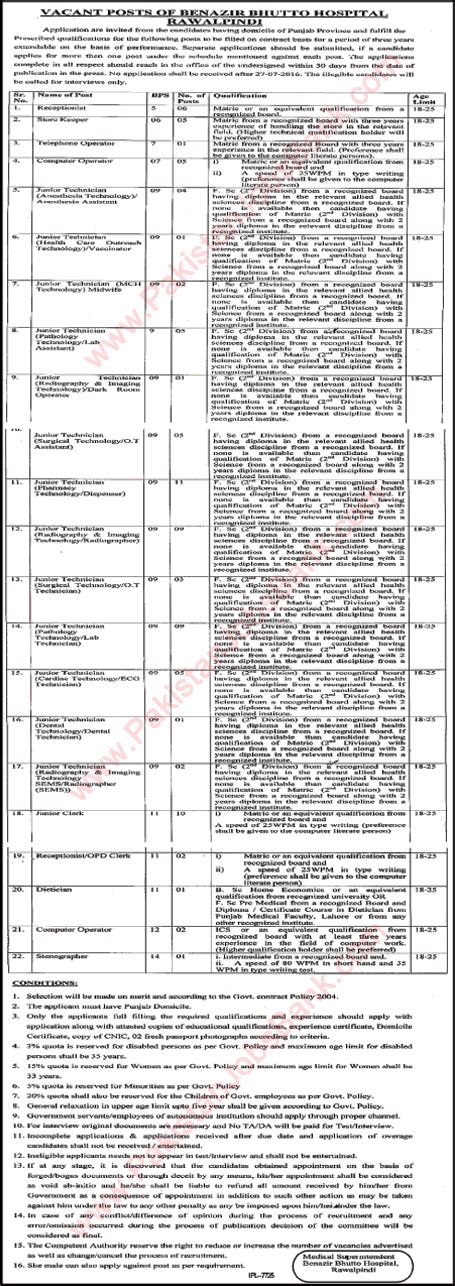 Benazir Bhutto Hospital Rawalpindi Jobs June Medical Technicians