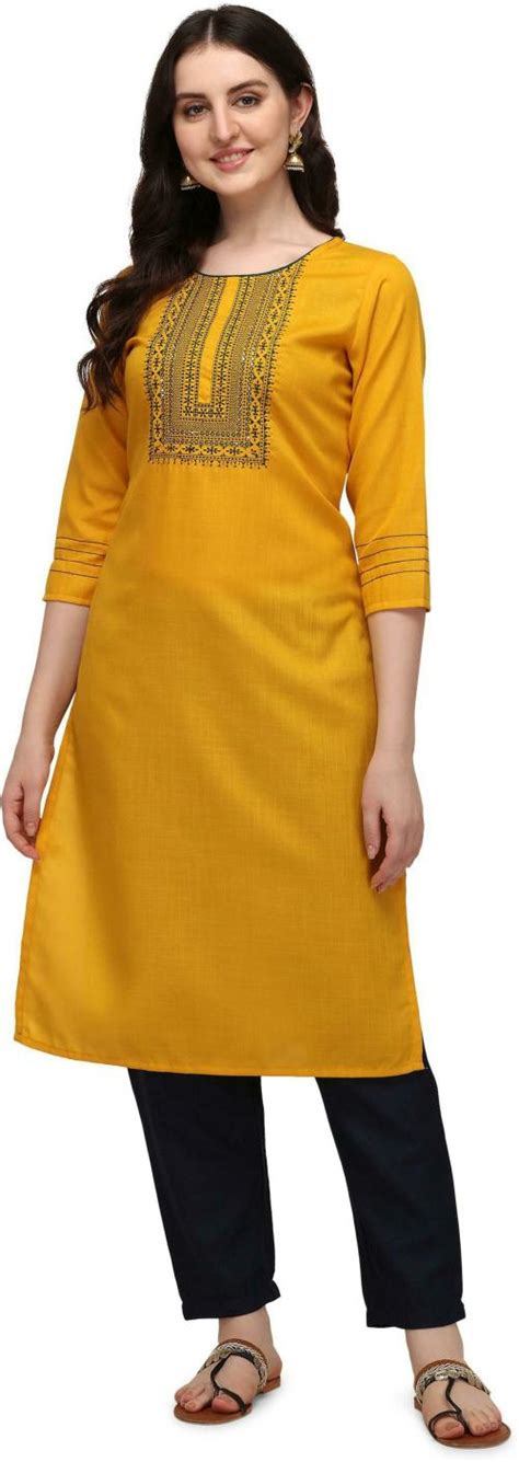 Buy SAADHVI Women Mustard Embroidered Pure Cotton Kurta Online At Best