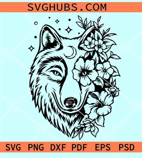 Wolf Head With Flowers SVG Floral Wolf Svg Wolf With Flower Crown SVG