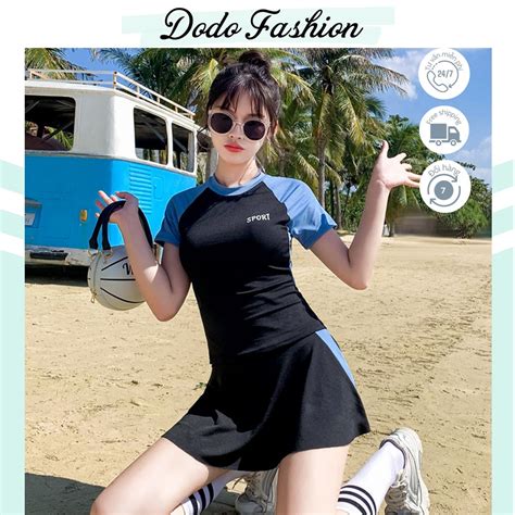 Mua Đồ bơi nữ kín đáo tay ngắn liền thân Bikini đi biển 2 mảnh áo tắm có tay váy xoè đồ bơi học