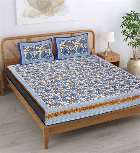 Buy Blue Floral 600 Tc Cotton Double King Sized Bedsheet With 2 Pillow