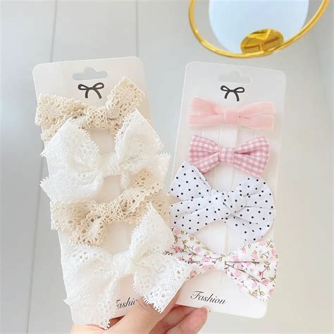 4 P S Set Sweet Lace Impresso Bowknot Hair Clips Para Meninas Bonitas