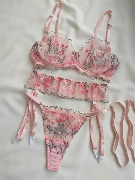 Floral Lace Lingerie Pink Lingerie Embroidered Lingerie Set Etsy