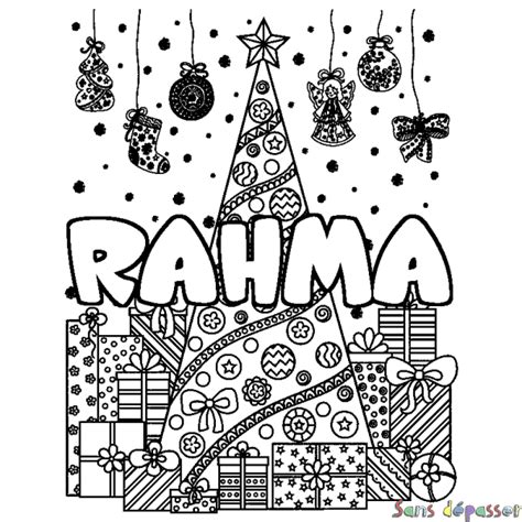 Coloriage prénom RAHMA décor Sapin et Cadeaux Sans Dépasser