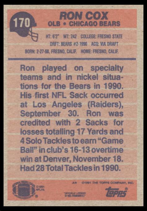 1991 Topps 170 Ron Cox Chicago Bears Football Card Ebay