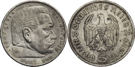 Drittes Reich 5 Reichsmark 1936 A Hindenburg Kursmünze 1935 1936 VF