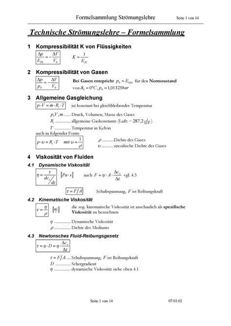 Str Mungslehre Formelsammlung Formelsammlung Seite Von