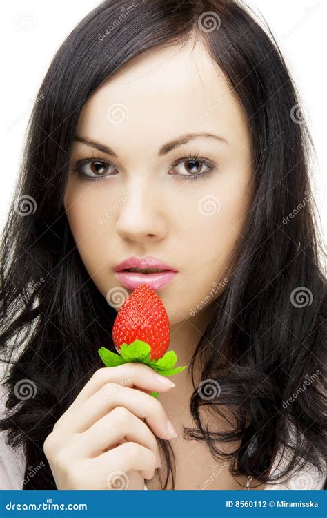 Brunette Who Eats Strawberries Stock Photo Image Of Beautiful Female 8560112
