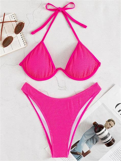 Shein Swim Vcay Textured Bikini Set Underwire Halter Triangle Bra