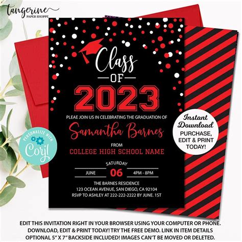 Graduation Party Invitation Class Of 2023 Announcement Red Black Graduation Card College