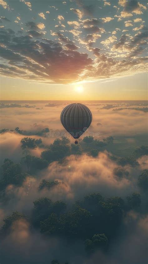 Hot Air Balloon Flying Over Foggy Forest At Sunrise Ethereal Travel