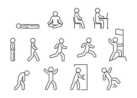 People Line Icon In Different Posture Human Various Action Poses Lie