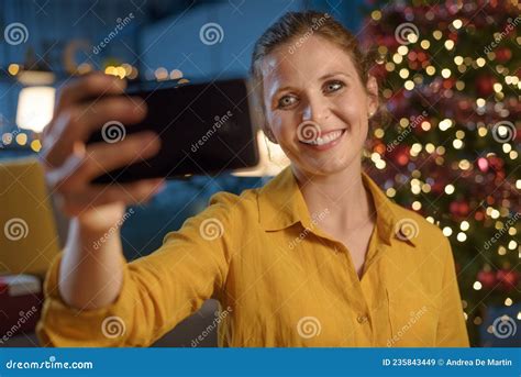 Woman Taking Selfies At Christmas Stock Image Image Of Lights Online