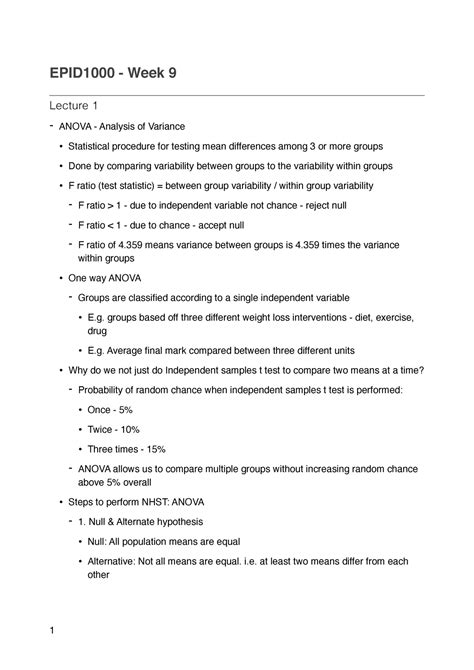 EPID1000 Wk9 Lecture Notes 9 EPID1000 Week 9 Lecture 1 ANOVA