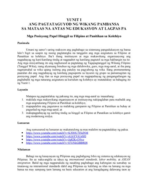 Yunit Fili Yunit I Ang Pagtataguyod Ng Wikang Pambansa Sa