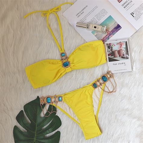 Sexy Red Bikinis Swimsuit With Rhinestones Solid Swimwear Female Push Up Bikini Summer Beach