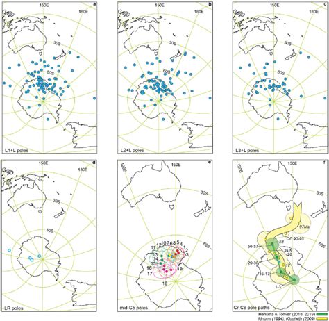 (a-c) Virtual geomagnetic poles (blue dots) for sites of the western ...