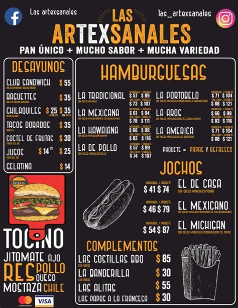 Carta del restaurante Las Artexsanales Hamburguesería Texcoco del Mora