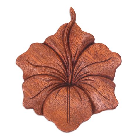 Wood Relief Panel Single Hibiscus Handmade Wood Wood Carving Art