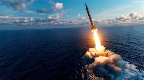 Missile Launch from Warship in Soft Blue Backdrop | Premium AI ...