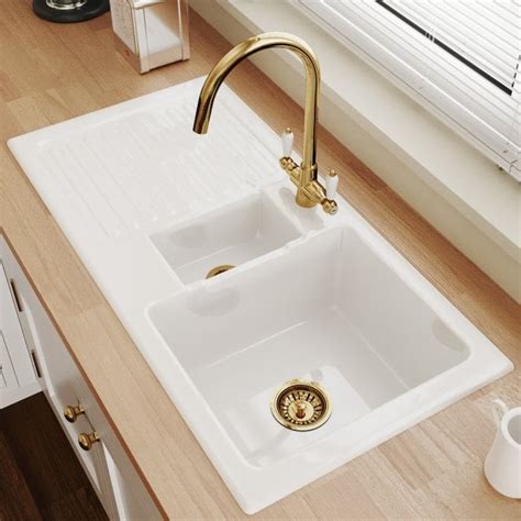 Astini Rustique 15 Bowl White Ceramic Kitchen Sink Gold Waste