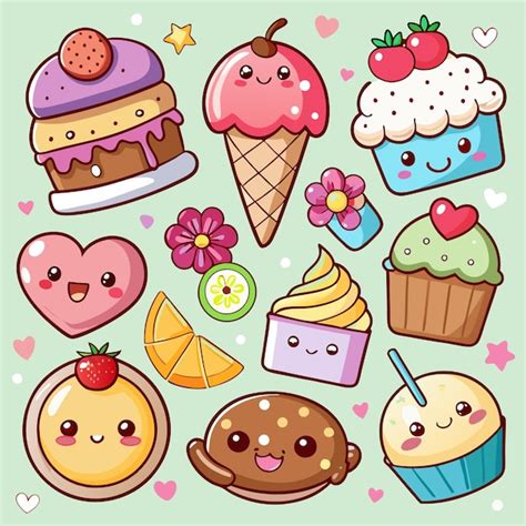 Desserts De Dibujos Animados Con Caras Felices Vector Premium