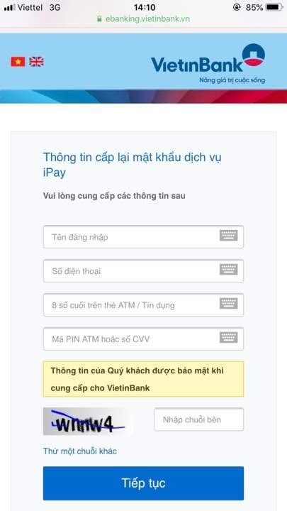 Cách lấy lại tên đăng nhập và mật khẩu Internet Banking VietinBank