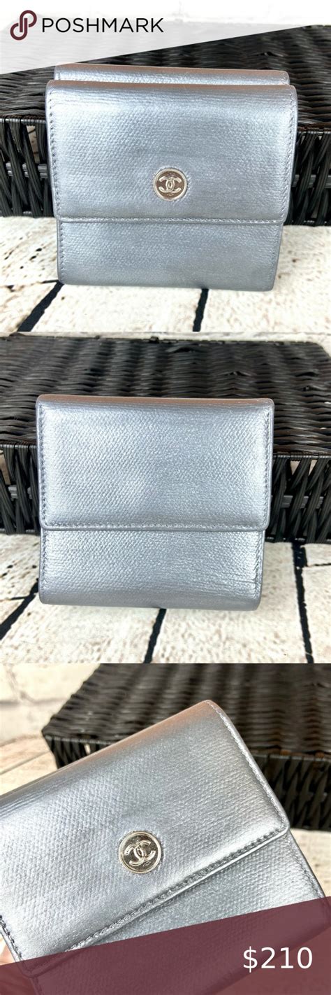 Chanel Compact Small Wallet In Silver Metallic Leather Small Wallet