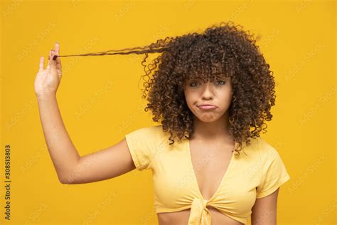 Closeup Unhappy Frustrated Young Woman Surprised She Is Losing Hair