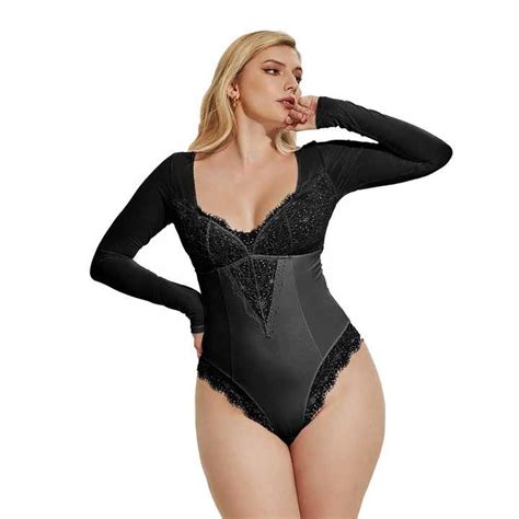 High Quality Plus Size One Piece Teddy Patchwork Mesh Lingerie Women Sexy Long Sleeve V Neck