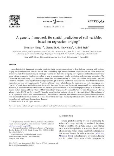 Pdf A Generic Framework For Spatial Prediction Of Soil Variables