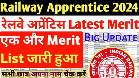 Railway Apprentice 2024 रलव अपरटस Latest Merit List एक और