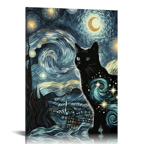 Nawypu The Starry Night Cat Canvas Wall Art Famous Black Cat Poster