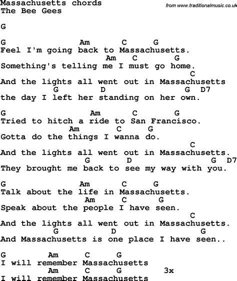 Song lyrics with guitar chords for Massachusetts