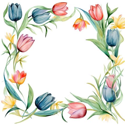 Premium Photo Watercolor Floral Frame With Tulips And Green Leaves