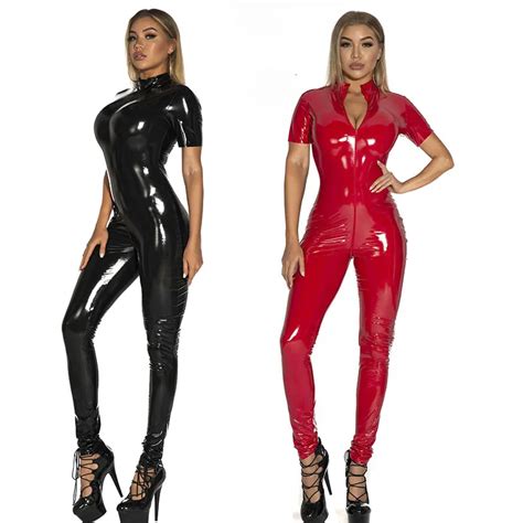 Catsuit de látex de manga corta para mujer monos de imitación de cuero