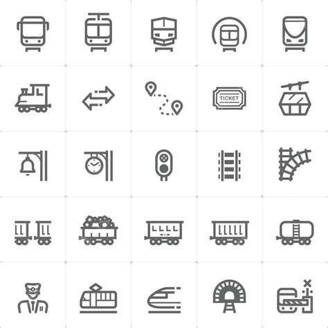 Outline Vector Illustration Of Trains And Transportation Icons On White