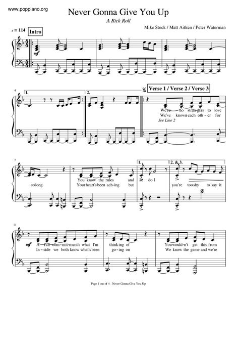 Rick Astley Never Gonna Give You Up Sheet Music Pdf Free Score