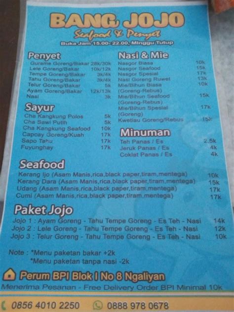 Menu At Penyet Seafood Bang JOJO Restaurant Semarang