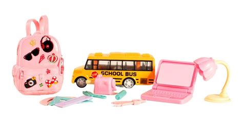 Premium Photo | A toy set of school supplies and a toy school bus