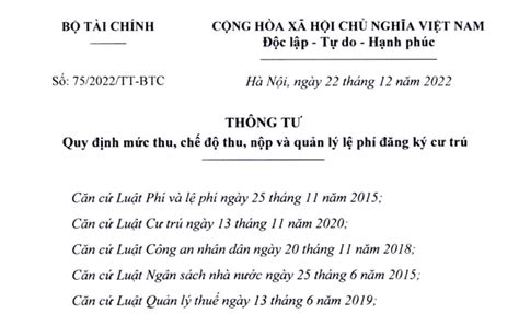 Thông tư 75 2022 TT BTC Mức lệ phí đăng ký thường trú tạm trú 2023