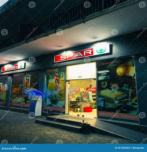 Spar Supermarket Facade Illuminated At Evening Editorial Stock Photo