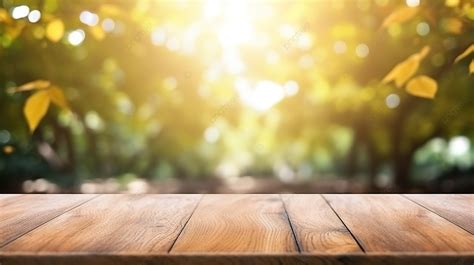 Blurred Leaves In A Garden Showcasing Natural Wood Table Texture