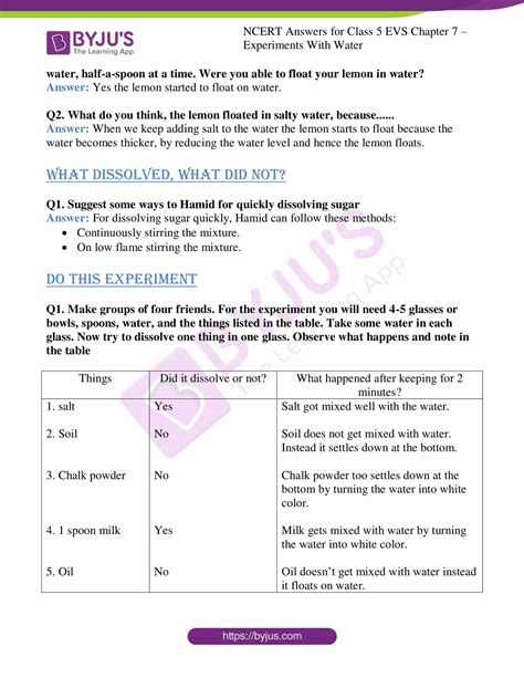 NCERT Solutions Class 5 EVS Chapter 7 Experiments With Water Updated