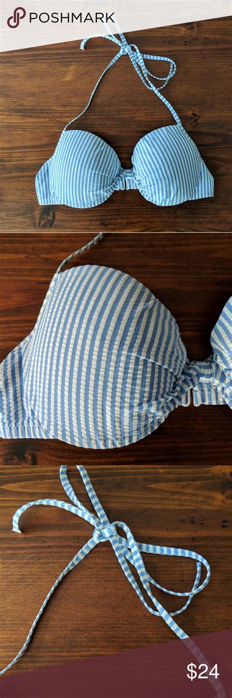 JCrew Blue White Seersucker Stripe Bikini Top 32B Bikinis Striped